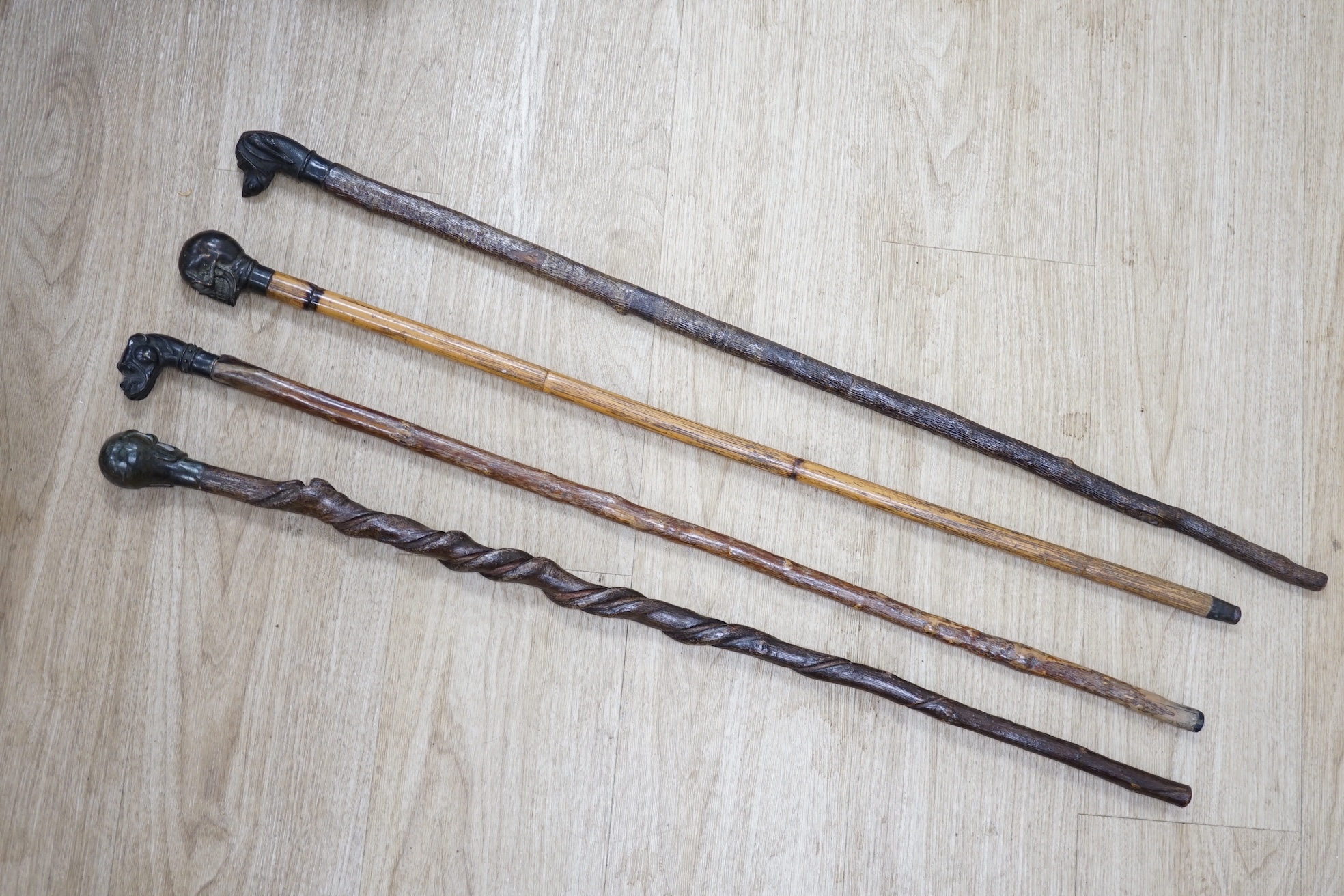 Four bronze topped walking canes, two with skulls, and two with dogs, canvas longest 93cm. Condition - fair to good.